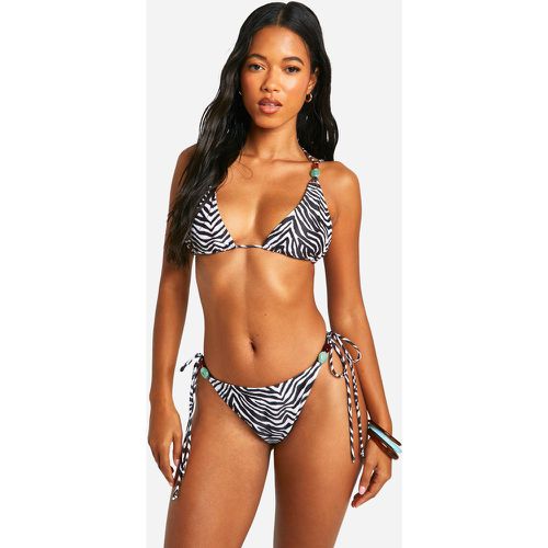 Slip bikini zebrato con finiture color pietra e laccetti laterali - boohoo - Modalova