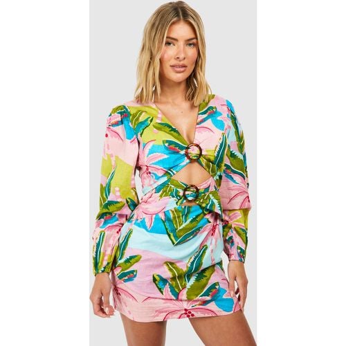 Miniabito da mare effetto lino tropicale con anello - boohoo - Modalova