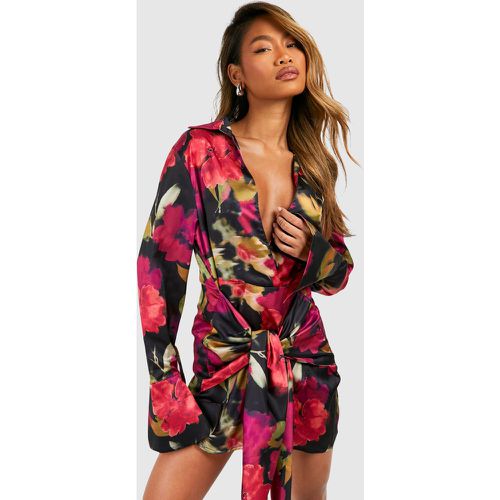 Vestido Camisero De Flores Con Atadura Frontal - boohoo - Modalova