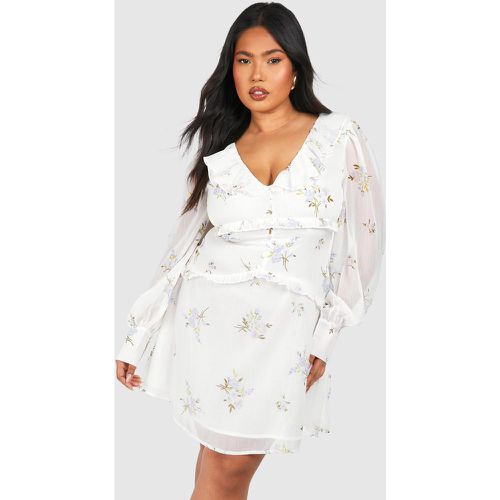 Miniabito Plus Size a maniche lunghe con stampa a fiori e dettagli arricciati - boohoo - Modalova