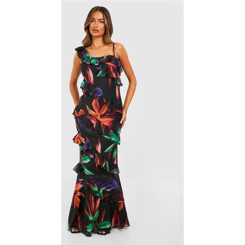 Vestito maxi asimmetrico in chiffon con arricciature astratte - boohoo - Modalova