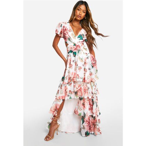 Vestito maxi a fiori con balze, arricciature e cut-out - boohoo - Modalova