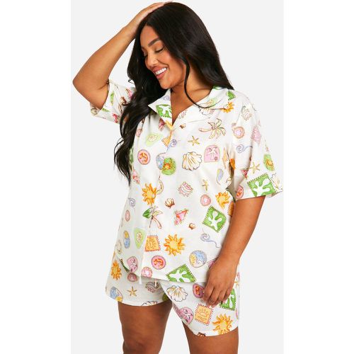 Camisa Plus De Manga Corta Y Algodón Popelina Con Estampado De Mar - boohoo - Modalova