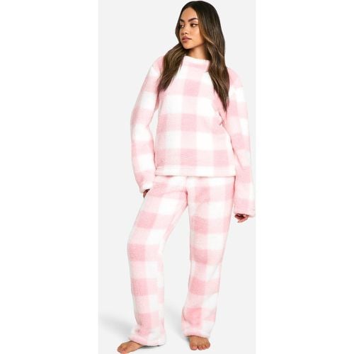 Set Loungewear da casa in felpa a quadri rosa & pantaloni - boohoo - Modalova