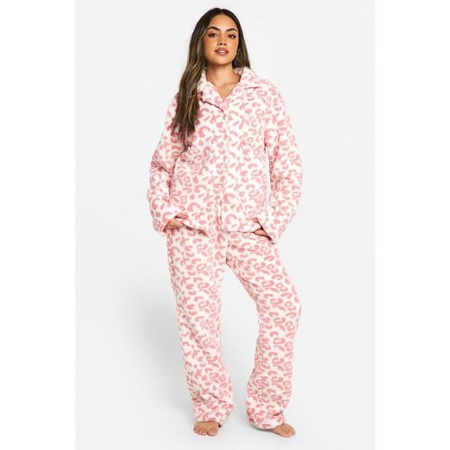 Pijama De Forro Polar Con Botones Y Estampado De Leopardo Rosa - boohoo - Modalova