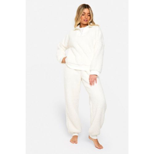 Set da casa in fleece a coste con zip corta & pantaloni tuta - boohoo - Modalova