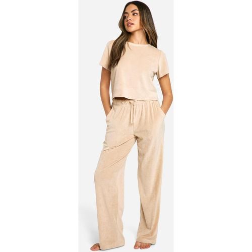 Conjunto De Pantalón De Pernera Ancha Y Camiseta De Canalé Y Forro Polar - boohoo - Modalova