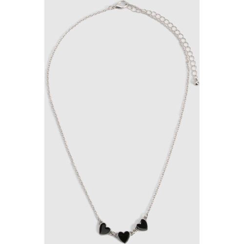 Silver Black Enamel Triple Heart Detail Necklace - boohoo - Modalova