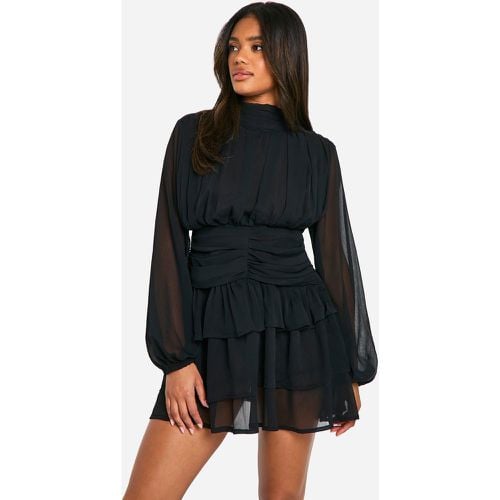 Vestido Mini De Chifón Fruncido Con Cuello Alto Y Estampado - boohoo - Modalova