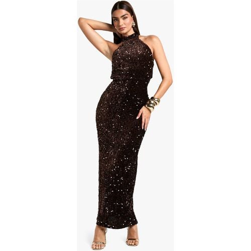 Vestito maxi pull-on allacciato al collo in velluto con paillettes - boohoo - Modalova