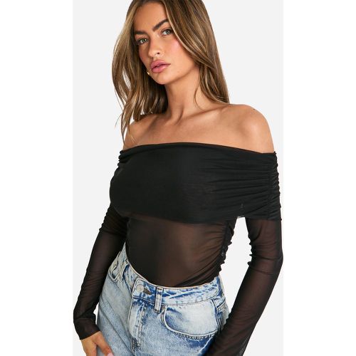 Top in rete con scollo Bardot, cuciture laterali affrettate - boohoo - Modalova