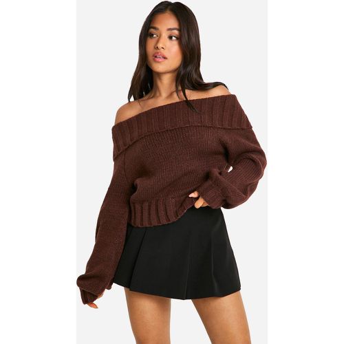 Maglione Petite in maglia a coste con scollo Bardot e maniche a palloncino - boohoo - Modalova