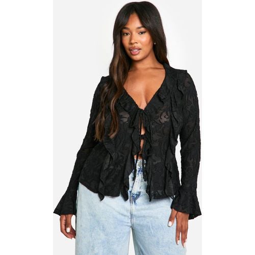 Blusa Plus Size in burnout con doppia arricciatura e laccetti frontali - boohoo - Modalova