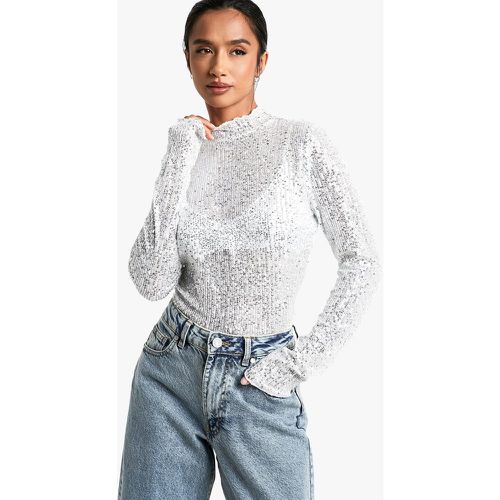 Top Petite De Manga Larga Y Lentejuelas Con Cuello Alto - boohoo - Modalova