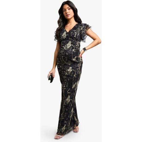 Vestido Maxi Maternity De Malla Escotado Con Volante En Las Mangas Y Estampado De Serpiente - boohoo - Modalova