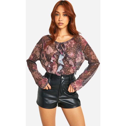 Top a maniche lunghe in rete con volant frontali - boohoo - Modalova