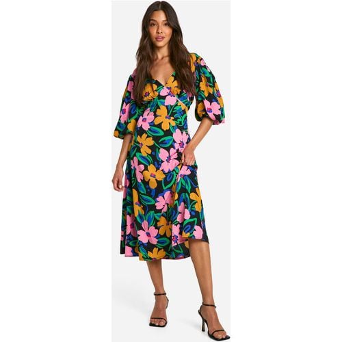 Vestido Midi De Flores Con Mangas Abullonadas Y Atadura En La Espalda - boohoo - Modalova