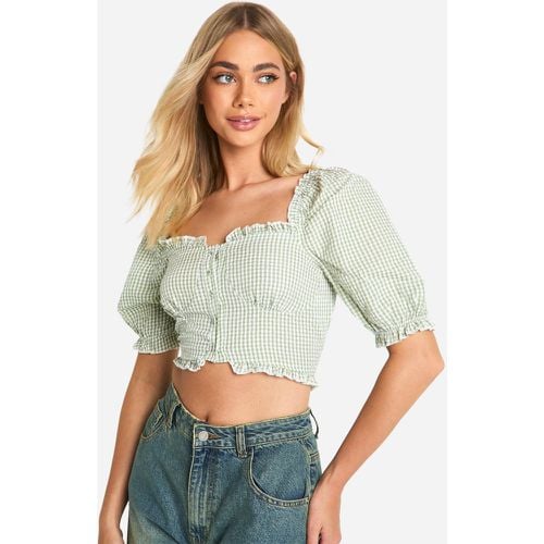 Top Crop De Cuadros Vichy Con Mangas Abullonadas Y Volante En El Bajo - boohoo - Modalova