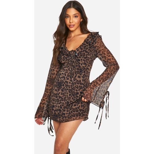 Vestido Recto De Chifón Con Volante Y Estampado De Leopardo - boohoo - Modalova