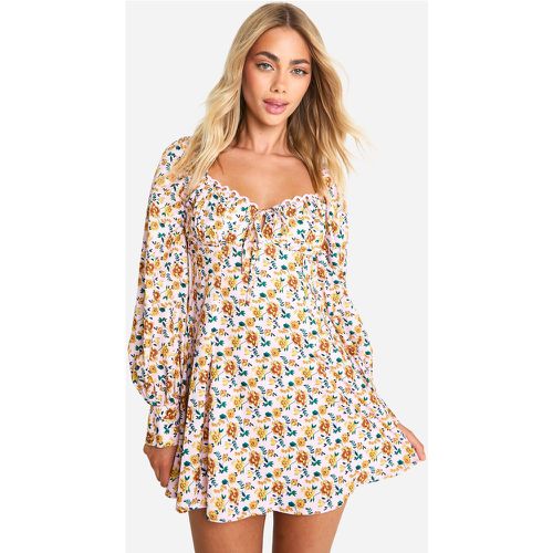 Vestido Skater Estilo Mesonera Con Mangas Abullonadas Y Ribete De Croché Con Estampado De Flores - boohoo - Modalova