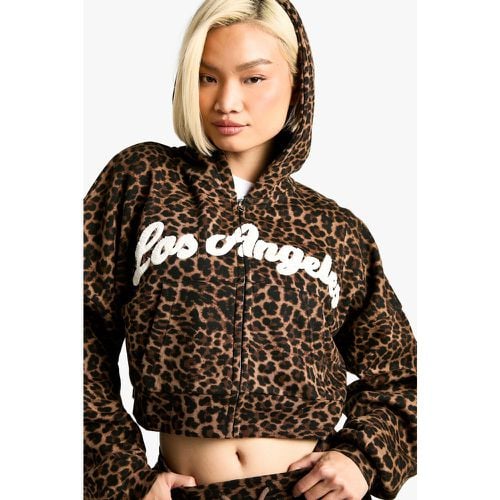 Felpa squadrata con stampa leopardata, scritta LOS ANGELES, zip e cappuccio - boohoo - Modalova