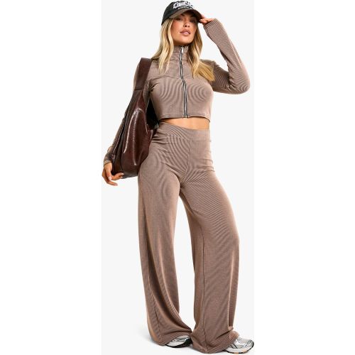 Pantalón De Pernera Ancha Y Top De Canalé Con Cremallera En Dos Tonos - boohoo - Modalova