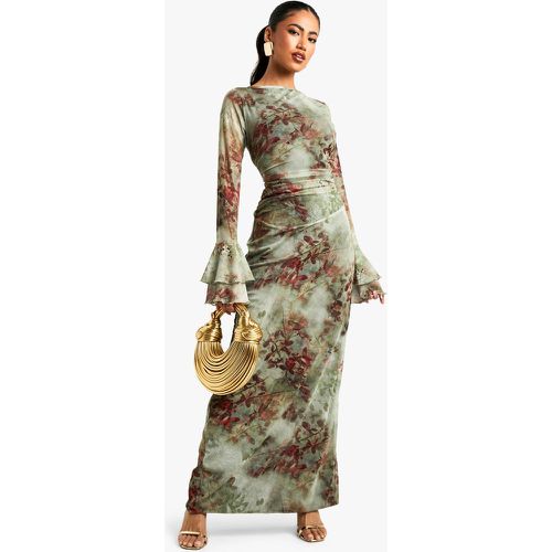 Vestido Maxi De Malla Con Estampado De Flores, Mangas Acampanadas Y Espalda Descubierta - boohoo - Modalova