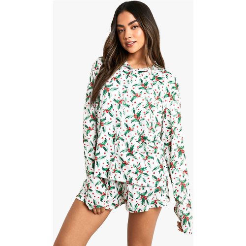 Pijama Navideño De Pantalón Corto Y Manga Larga Con Estampado De Acebo - boohoo - Modalova