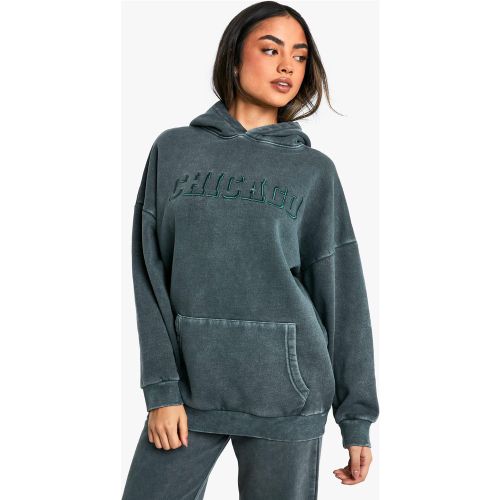 Sudadera Oversize Desteñida Con Capucha Y Bordado De Eslogan De Chicago - boohoo - Modalova