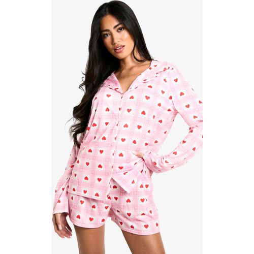 Conjunto De San Valentín De Pantalón Corto Y Camisa De Manga Larga Con Estampado De Corazones - boohoo - Modalova