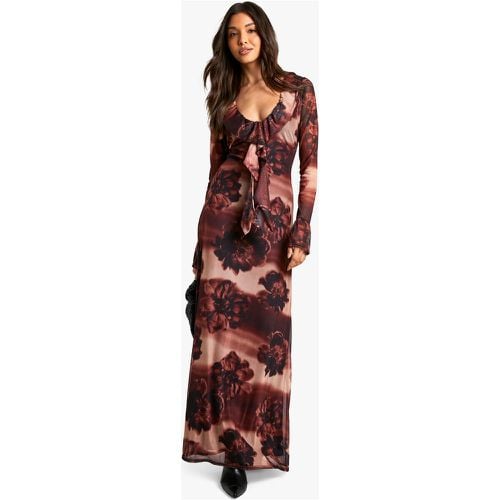 Vestido Maxi De Malla Con Volante Y Estampado De Flores Difuminadas - boohoo - Modalova