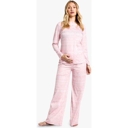 Pijama Premamá Navideño De Pantalón Ancho Y Top De Manga Larga Con Botones Y Estampado De Grecas - boohoo - Modalova