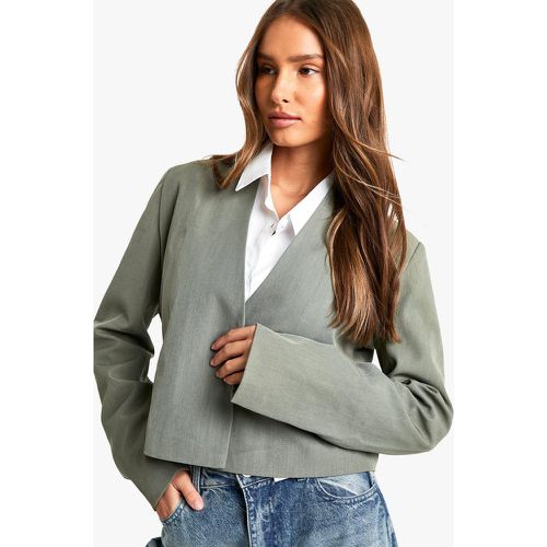 Blazer corto senza colletto, Grigio - boohoo - Modalova