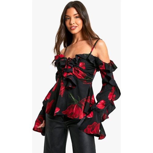 Blusa Con Volante, Hombros Descubiertos Y Estampado De Flores - boohoo - Modalova