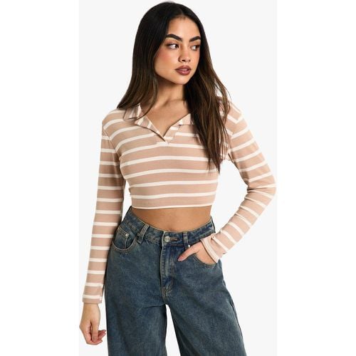 Top Crop De Manga Larga Con Cuello Y Rayas - boohoo - Modalova