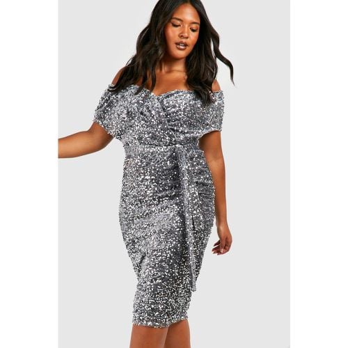 Vestito midi Plus Size a incrocio con paillettes e spalle scoperte - boohoo - Modalova