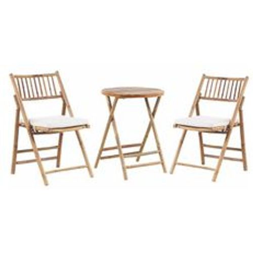 Balkonset Hellbraun Bambusholz Tisch Rund 57 cm mit 2 Klappbaren Stühlen Auflagen Cremeweiß Landhaus Stil Terrasse Balkon Garten Möbel - BELIANI - Modalova