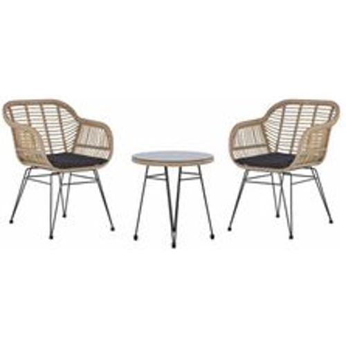 Balkonset Natürlich Rattan 2 Sessel mit Armlehnen Runder Tisch Sicherheitsglas Auflagen Schwarz Stahlgestell Terasse Balkon Garten Boho - BELIANI - Modalova