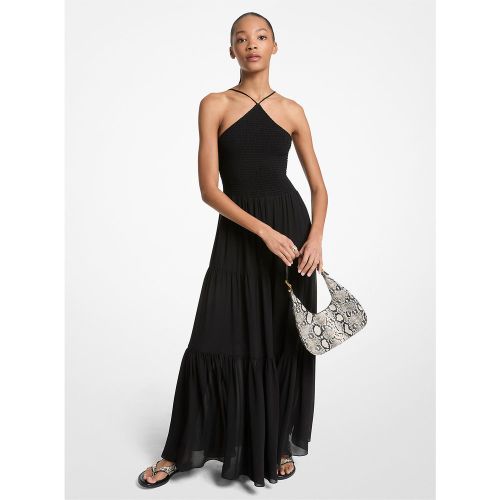 MK Robe longue ras-de-cou smockée en crêpe georgette - Michael Kors - MICHAEL Michael Kors - Modalova