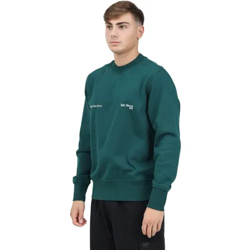 Grüner Crew Neck Sweater mit Flocked Logo Print , Herren, Größe: L - Calvin Klein Jeans - Modalova