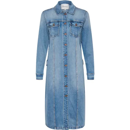 Hellblaues Retro-Waschhemdkleid mit langen Ärmeln und Brusttaschen , Damen, Größe: 2XL - My Essential Wardrobe - Modalova