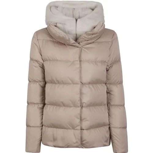 Shiny Satin Down Jacket with Faux Fur , female, Sizes: XS, S - Herno - Modalova