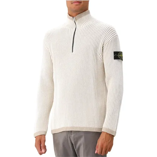 Beiger Wollrippen-Halb-Reißverschluss-Pullover , Herren, Größe: M - Stone Island - Modalova