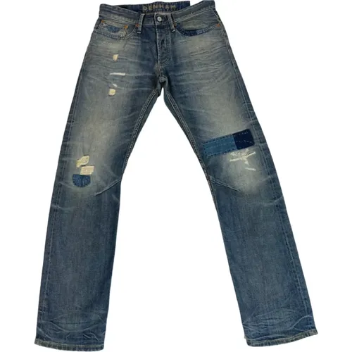 Zerstörte Straight Fit Dunkelblaue Jeans mit Knopfleiste - Denham - Modalova