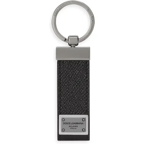 Schwarzer Leder Schlüsselanhänger mit Logoplatte,Leder Schlüsselanhänger mit graviertem Logo,Erhöhen Sie Ihren Stil mit Baumwollmischung Schlüss - Dolce & Gabbana - Modalova