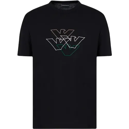 Schwarzes Jersey T-Shirt mit mehrfarbigem Adler-Logo - Emporio Armani - Modalova
