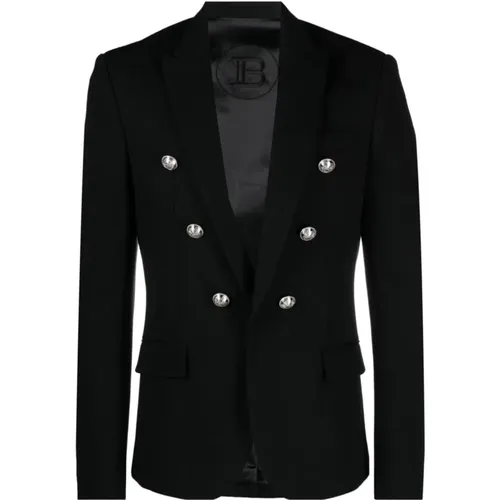 Blazers, male, , Size: M Flannel Jacket with Embossed Logo Buttons - Balmain - Modalova