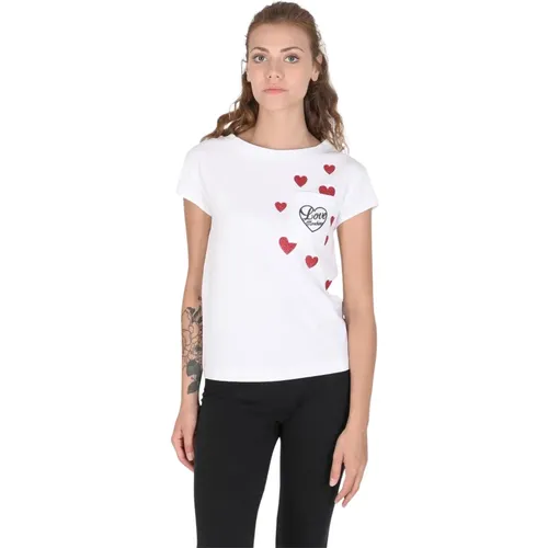 Weiße Baumwoll-Spandex-T-Shirt , Damen, Größe: 2XS - Love Moschino - Modalova