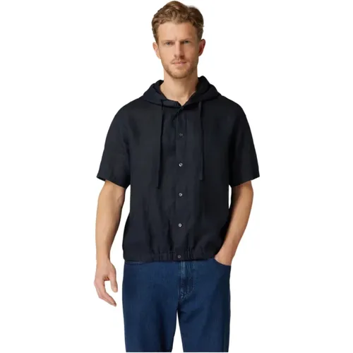 Classic Navy Linen Short Sleeve Shirt , male, Sizes: 2XL - Emporio Armani - Modalova