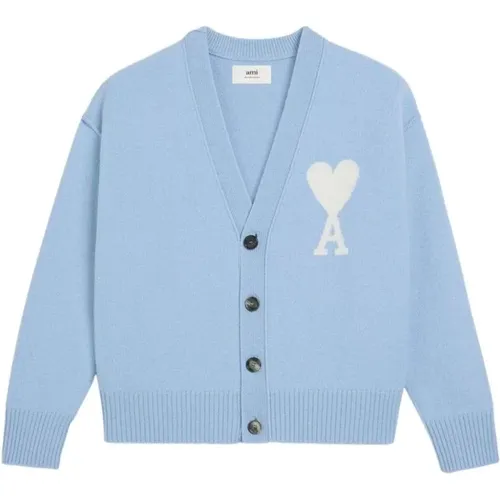 Sky Wool Knitwear Cardigan with Ami de Coeur Monogram , female, Sizes: L - Ami Paris - Modalova